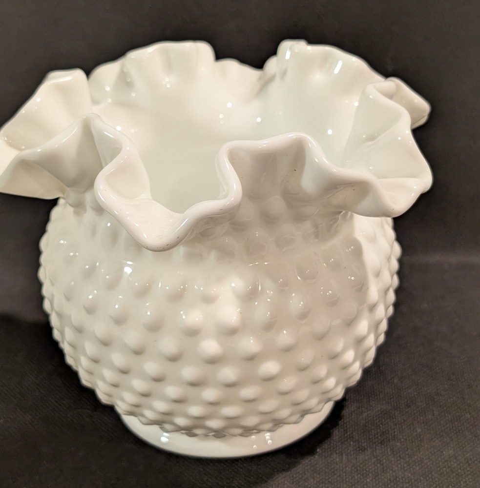 Vintage Fenton Hobnail Milk Glass Rose Bowl Vase.